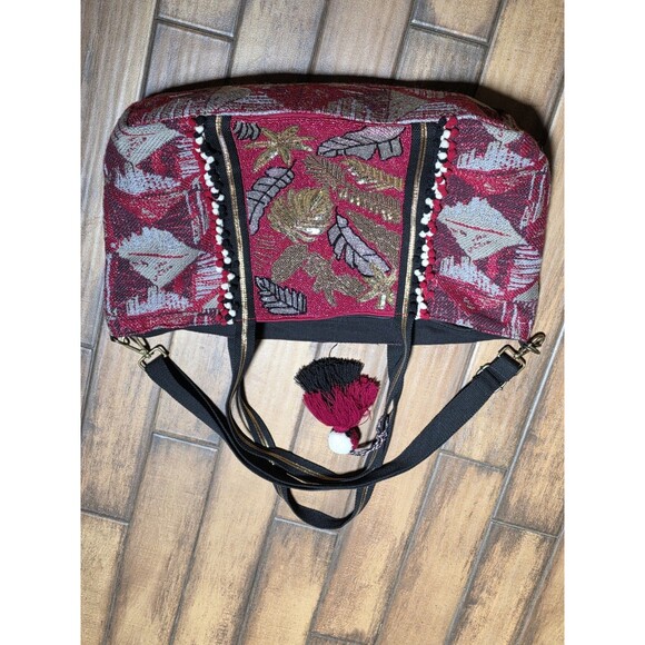 American And Beyond EMBELLISHED TOTE WITH POUCH RED FLORAL Boho Beaded Duffle - Picture 3 of 6